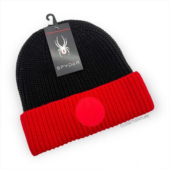 Spyder Colorblock Black Red Knit Beanie Heat Men’s One Size - Picture 1 of 5
